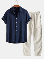 Men's Summer Set Shirt and Trousers Stand Collar Short Sleeve Lightweight navy blue