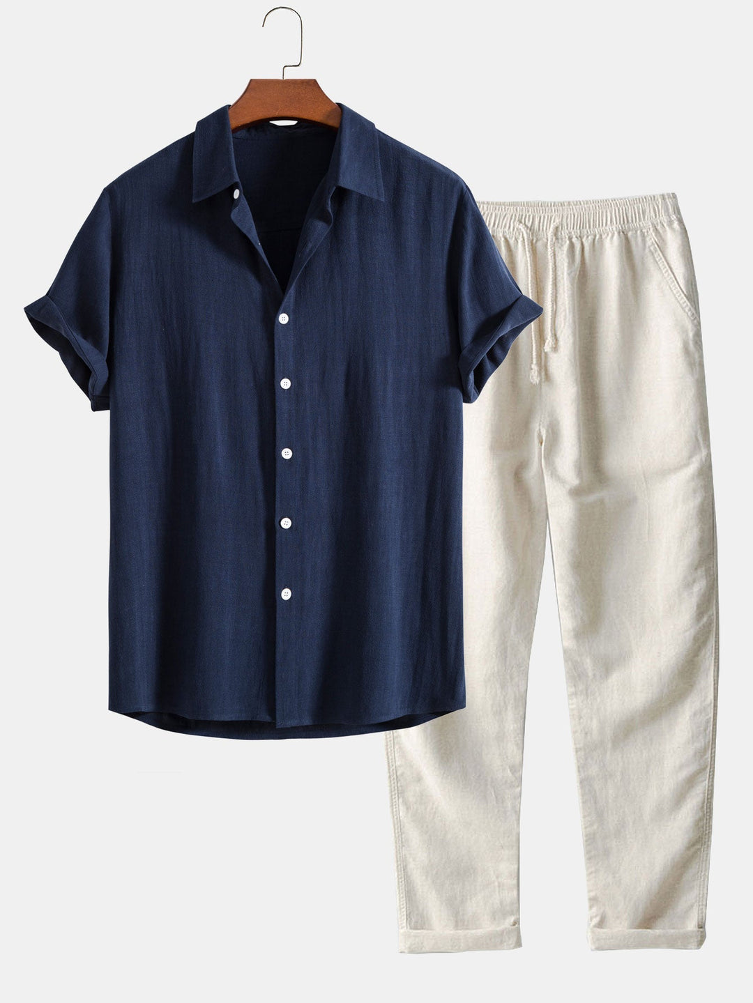 Men's Summer Set Shirt and Trousers Stand Collar Short Sleeve Lightweight navy blue