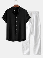 Men's Summer Set Shirt and Trousers Stand Collar Short Sleeve Lightweight black