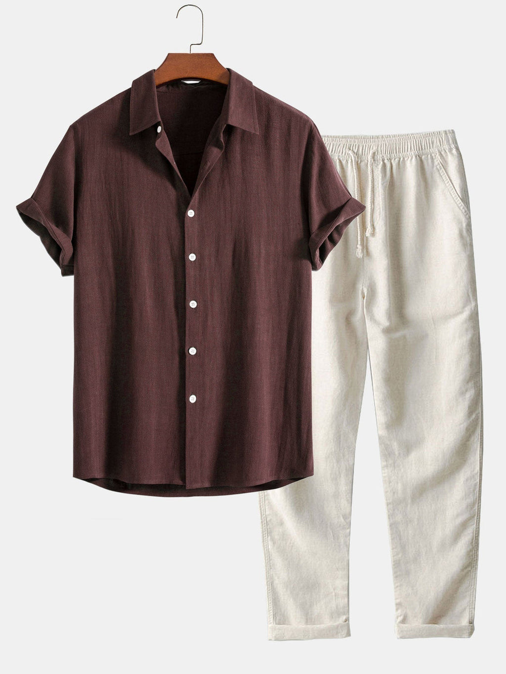 Men's Summer Set Shirt and Trousers Stand Collar Short Sleeve Lightweight coffee brown