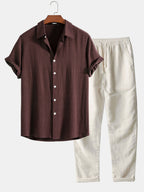 Men's Summer Set Shirt and Trousers Stand Collar Short Sleeve Lightweight coffee brown
