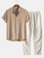 Men's Summer Set Shirt and Trousers Stand Collar Short Sleeve Lightweight beige