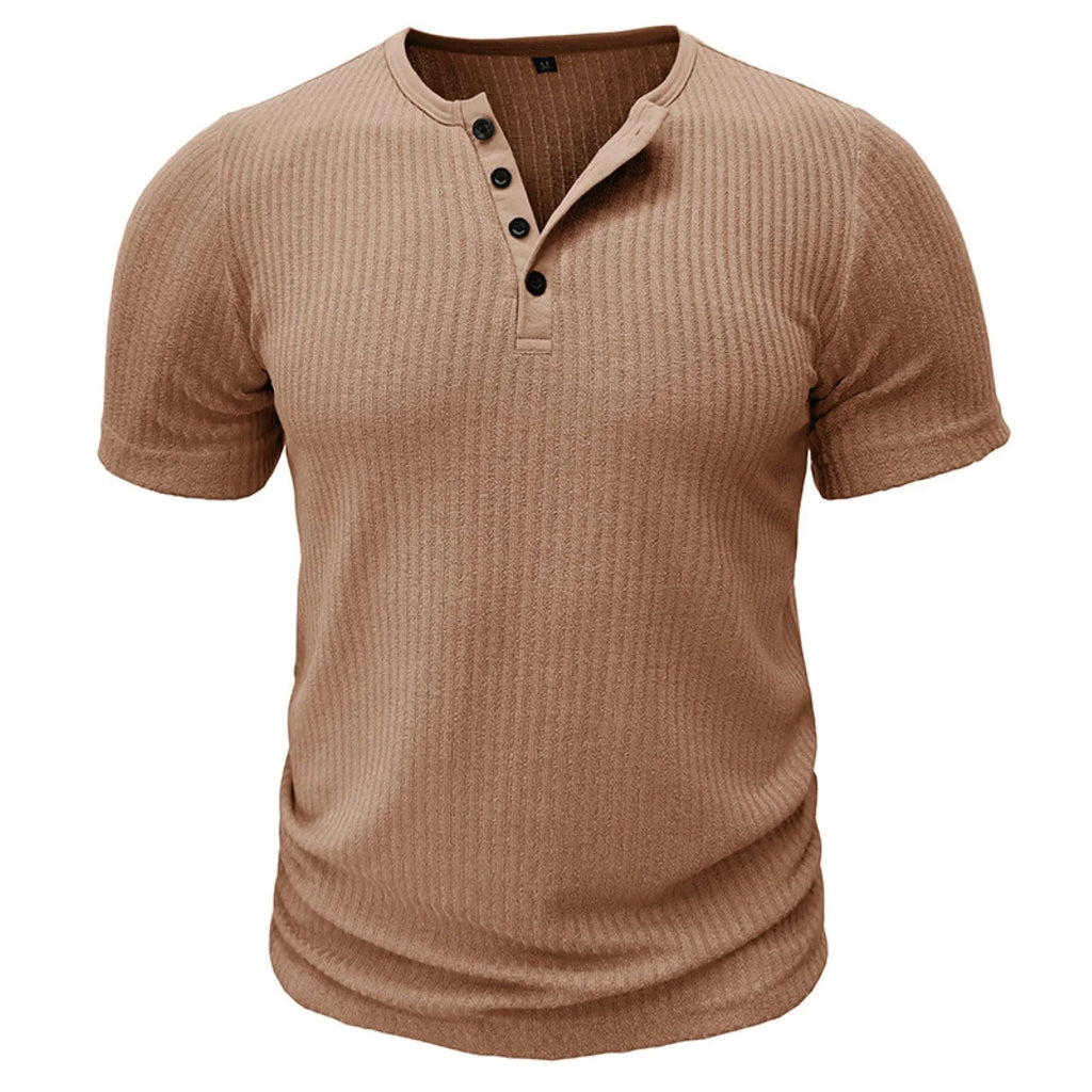 Ranches | Men’s T-Shirt with Button Placket Ribbed Texture and Short Sleeves Khaki