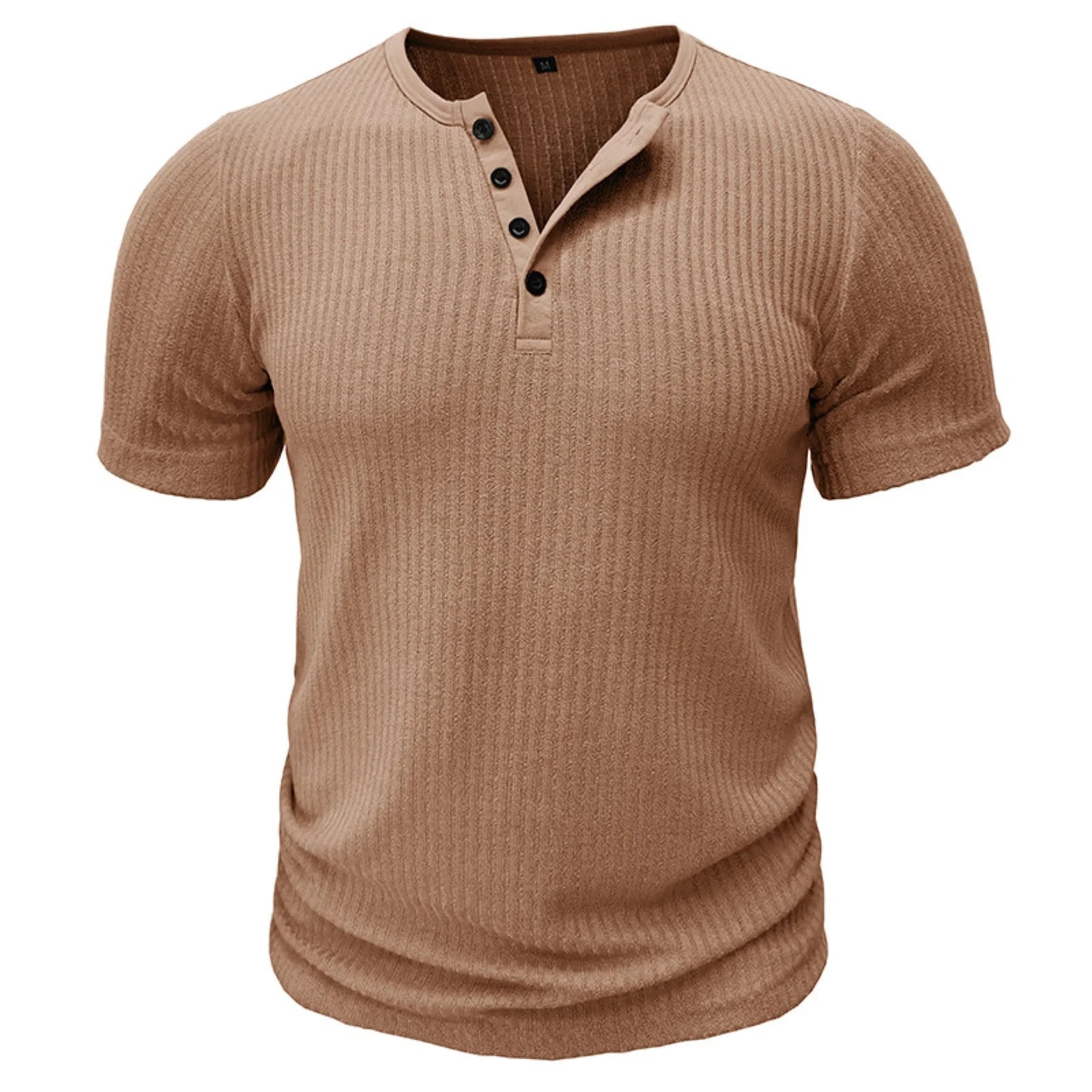Ranches | Men’s T-Shirt with Button Placket Ribbed Texture and Short Sleeves Khaki