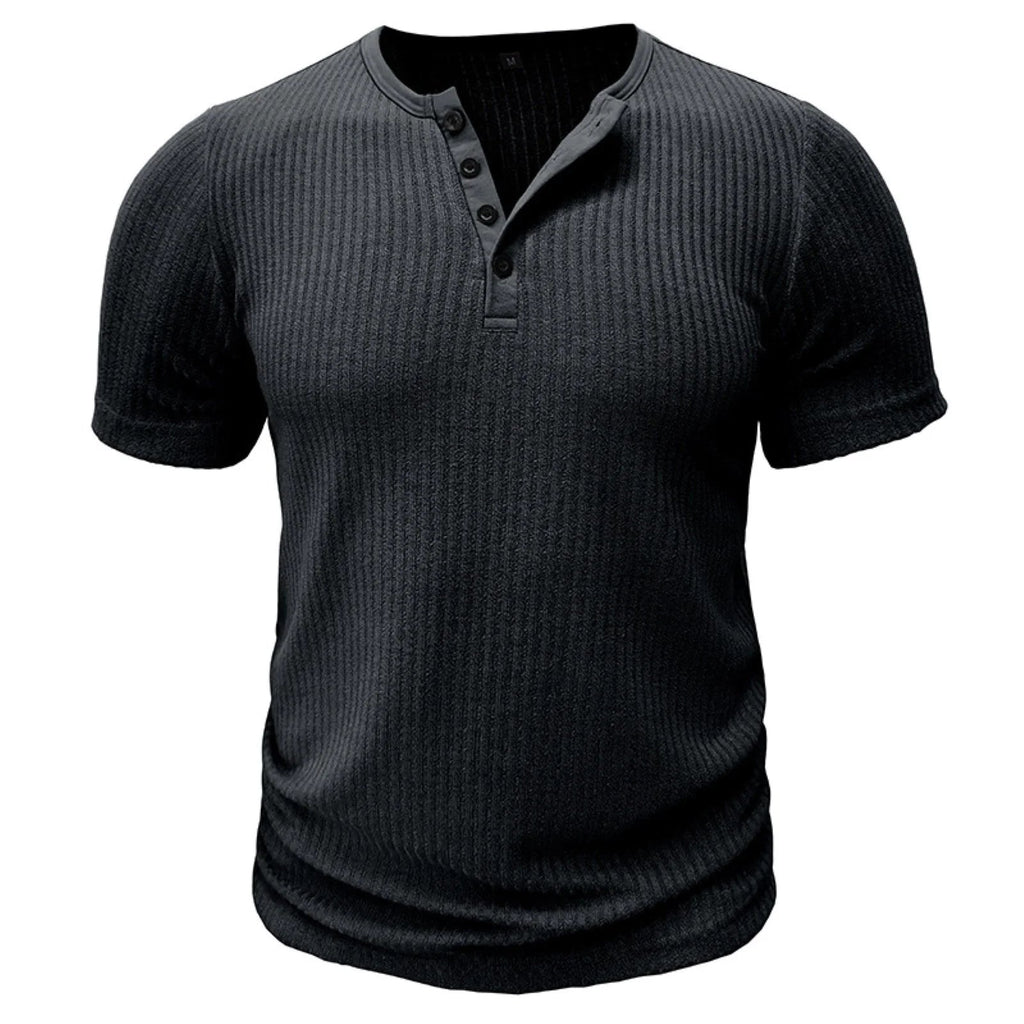 Ranches | Men’s T-Shirt with Button Placket Ribbed Texture and Short Sleeves Black