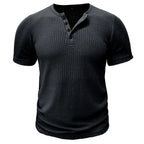 Ranches | Men’s T-Shirt with Button Placket Ribbed Texture and Short Sleeves Black