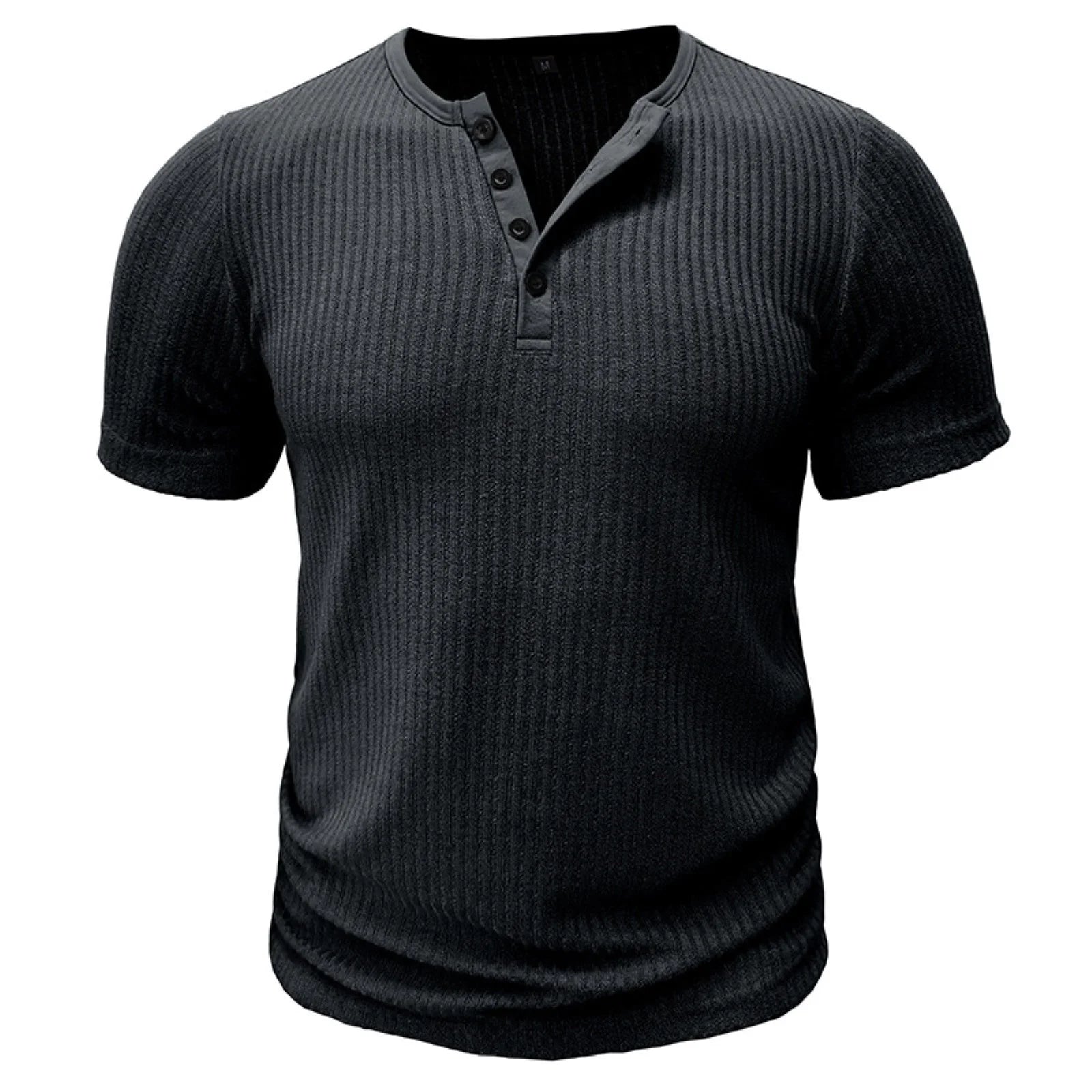 Ranches | Men’s T-Shirt with Button Placket Ribbed Texture and Short Sleeves Black
