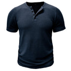 Ranches | Men’s T-Shirt with Button Placket Ribbed Texture and Short Sleeves Blue