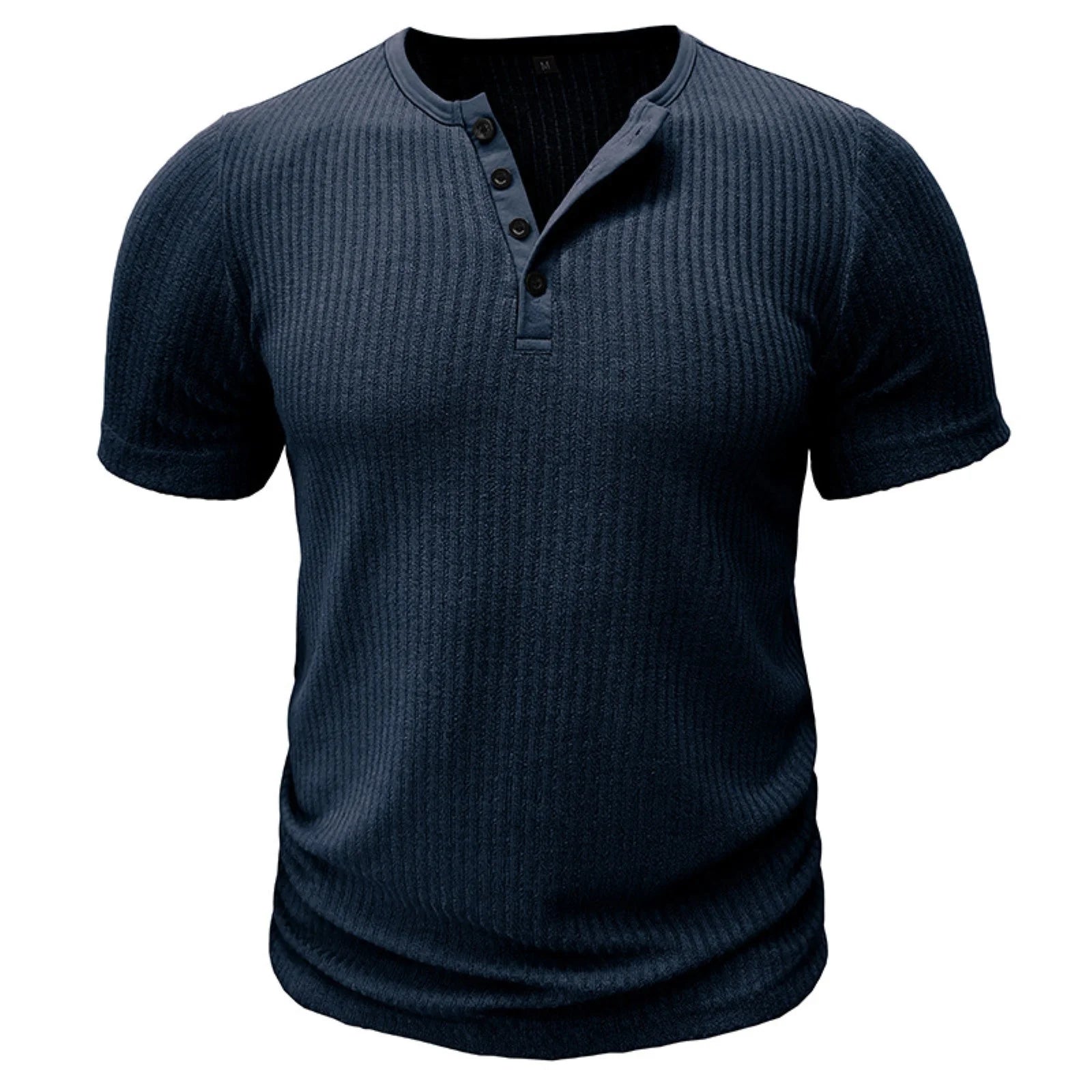 Ranches | Men’s T-Shirt with Button Placket Ribbed Texture and Short Sleeves Blue