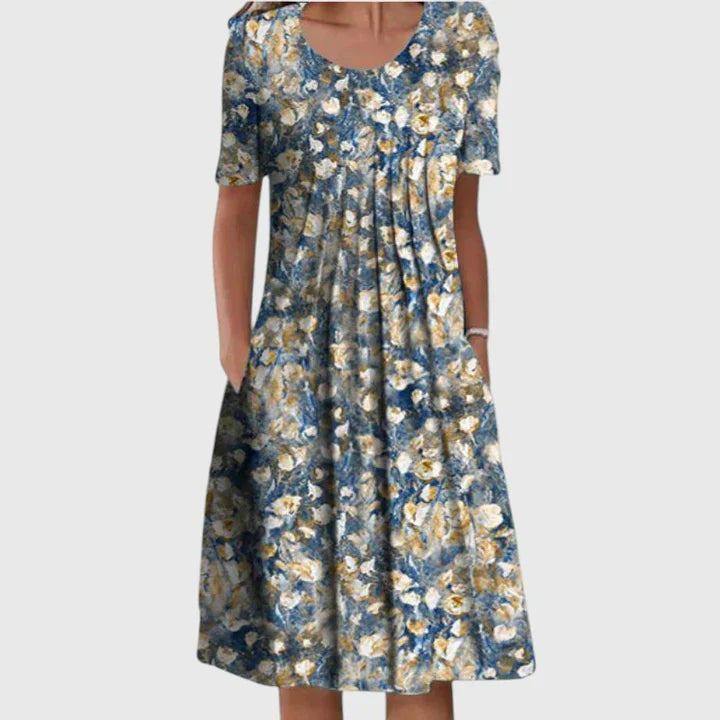 Bersh | Floral Print Midi Dress with Flattering Relaxed Fit Light Blue