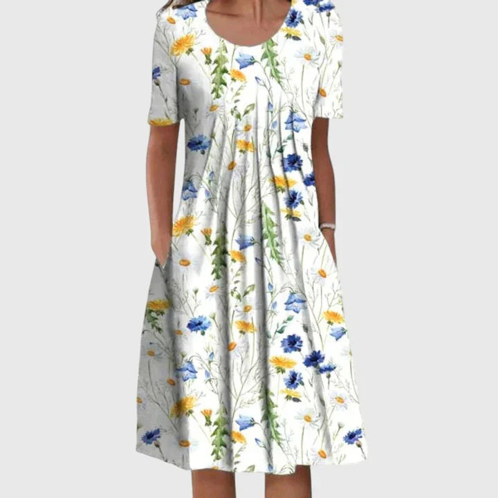 Bersh | Floral Print Midi Dress with Flattering Relaxed Fit Yellow
