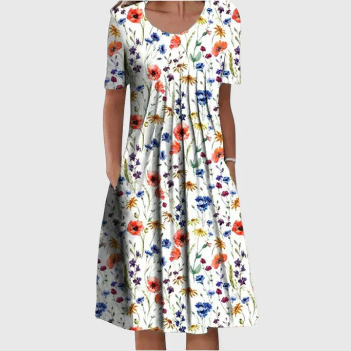 Bersh | Floral Print Midi Dress with Flattering Relaxed Fit Red