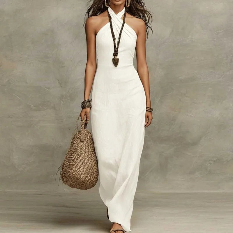 Eva | Elegant and Airy Linen Maxi Dress with Halter Neck White
