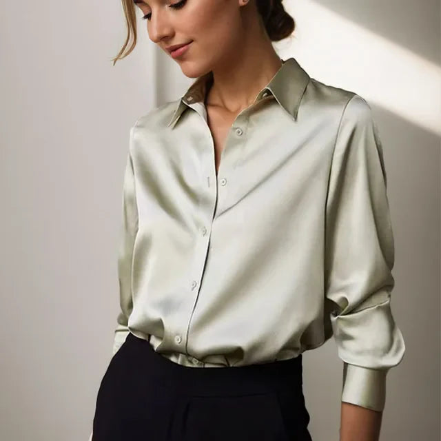 Sahara | Women’s Long-Sleeved Blouse – Timeless Button Placket & Architectural Tailored Collar green