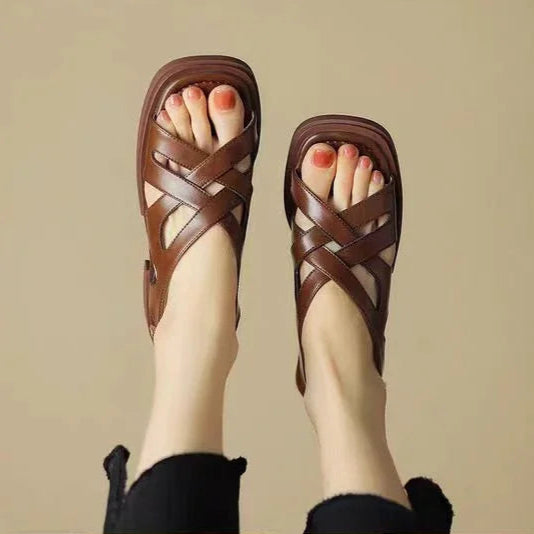 Monika | Women's Leather Sandals – Luxury Designer Gladiator Straps & Slimming Minimalist Summer Slides Brown