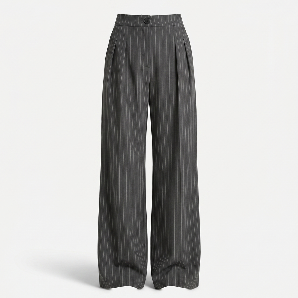 Pinstripe Business Trousers with Pleated Waist, Wide Leg for Women Black
