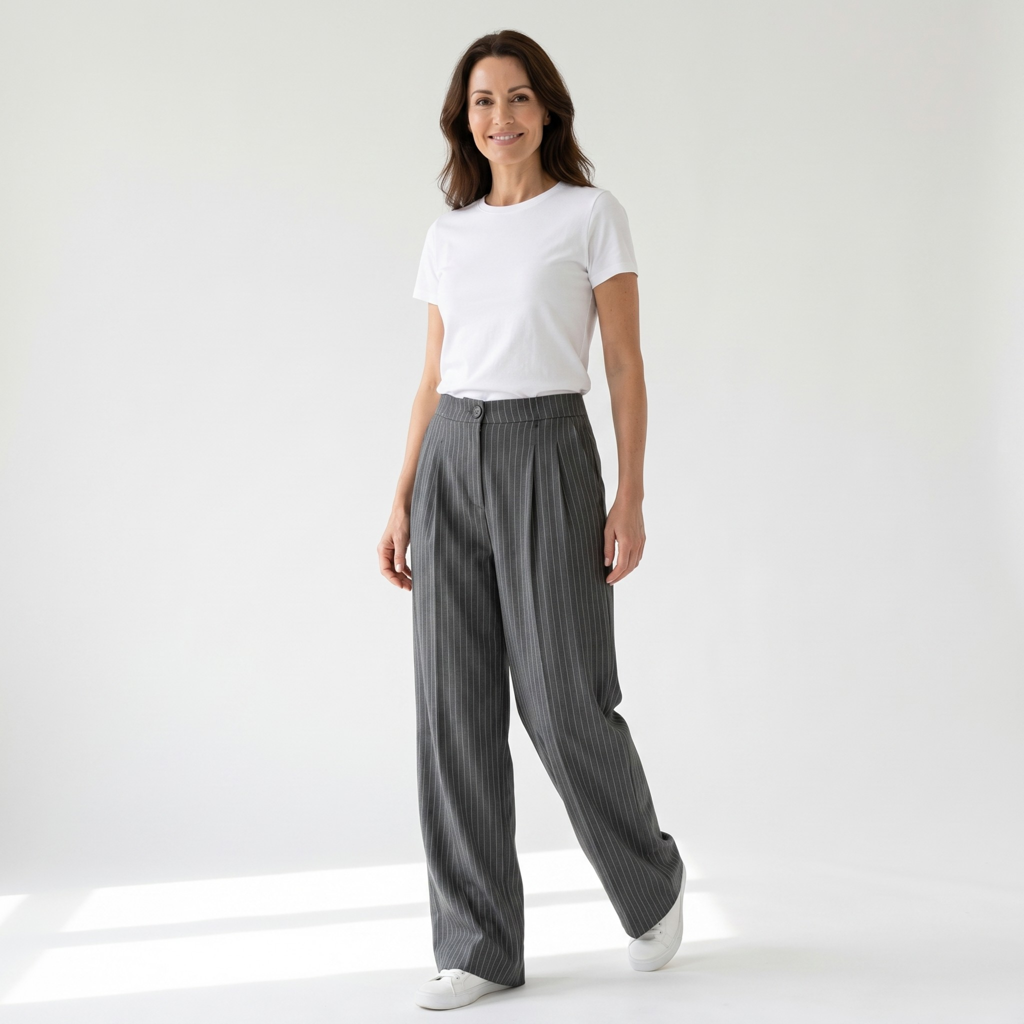 Pinstripe Business Trousers with Pleated Waist, Wide Leg for Women