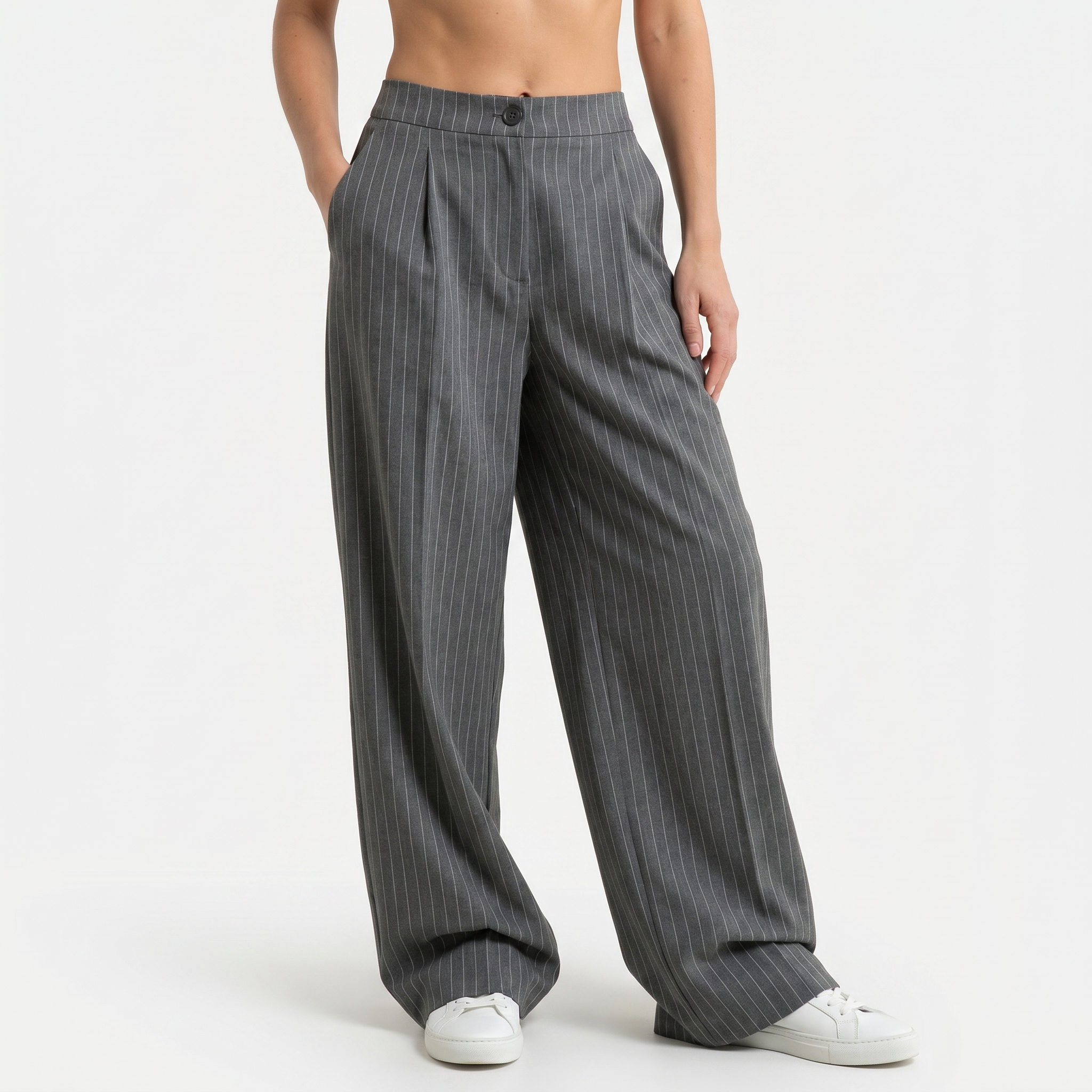 Pinstripe Business Trousers with Pleated Waist, Wide Leg for Women