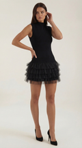 Women's High Neck Tulle Mini Dress Nadia Sleeveless Party Cocktail Black