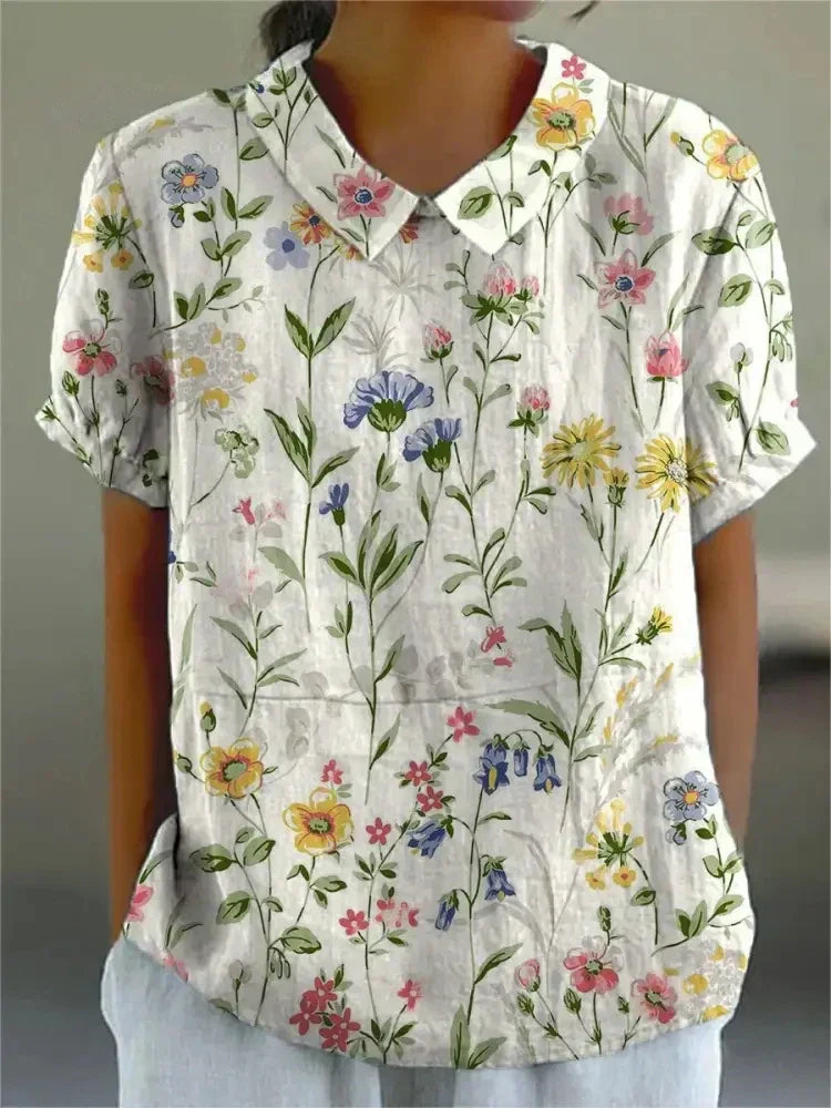 Flora | Women’s Floral Shirt – Botanical Architectural Precision & Refined Silk-Touch Grace White with flowers