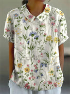 Flora | Women’s Floral Shirt – Botanical Architectural Precision & Refined Silk-Touch Grace White with flowers