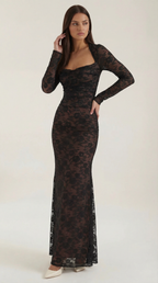 Women's Lace Maxi Dress V-Neck Sleeveless Floral Lace Black