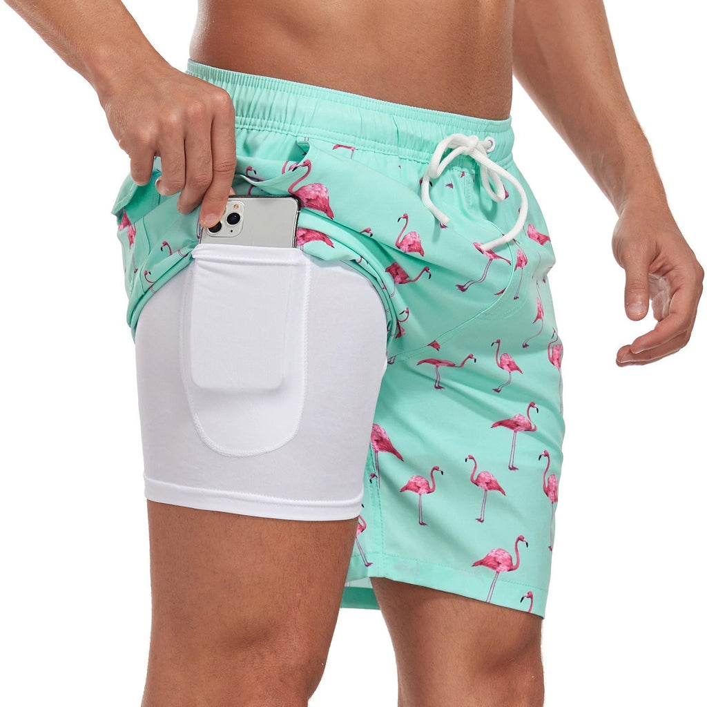 Noah | Men's Swim Trunks Beach Double Layer Compression Quick-Dry Green Flamingo