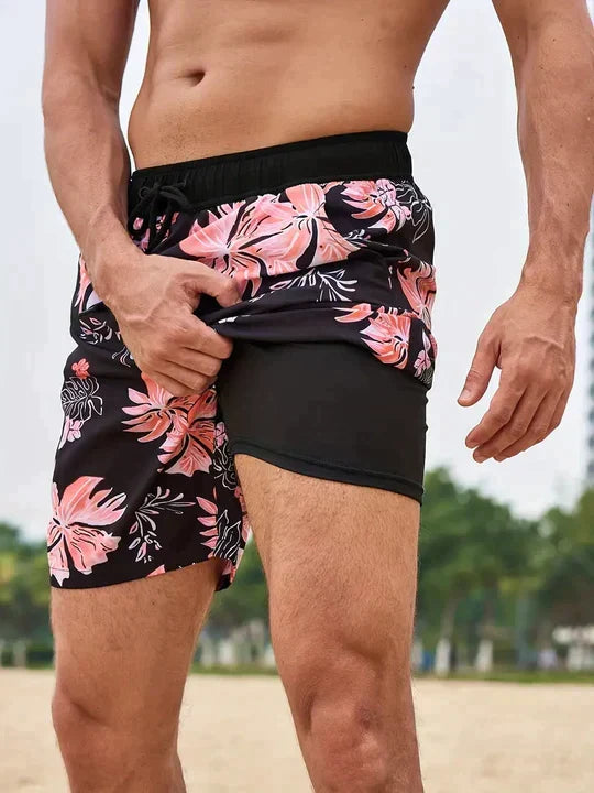 Noah | Men's Swim Trunks Beach Double Layer Compression Quick-Dry Black and Orange Flow