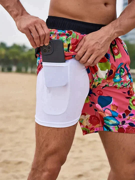Noah | Men's Swim Trunks Beach Double Layer Compression Quick-Dry Carmine Leaves