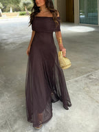 Triton | Women’s Off-Shoulder Chiffon Maxi Dress – Chic Flowing Tier & Refined Ethereal Silhouette Brown
