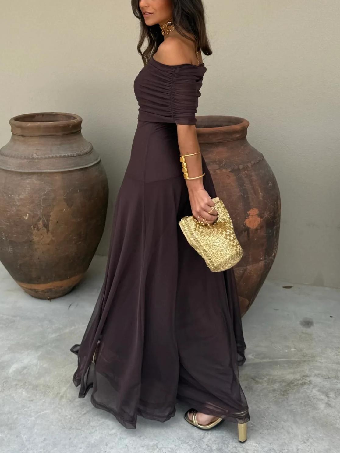 Triton | Women’s Off-Shoulder Chiffon Maxi Dress – Chic Flowing Tier & Refined Ethereal Silhouette