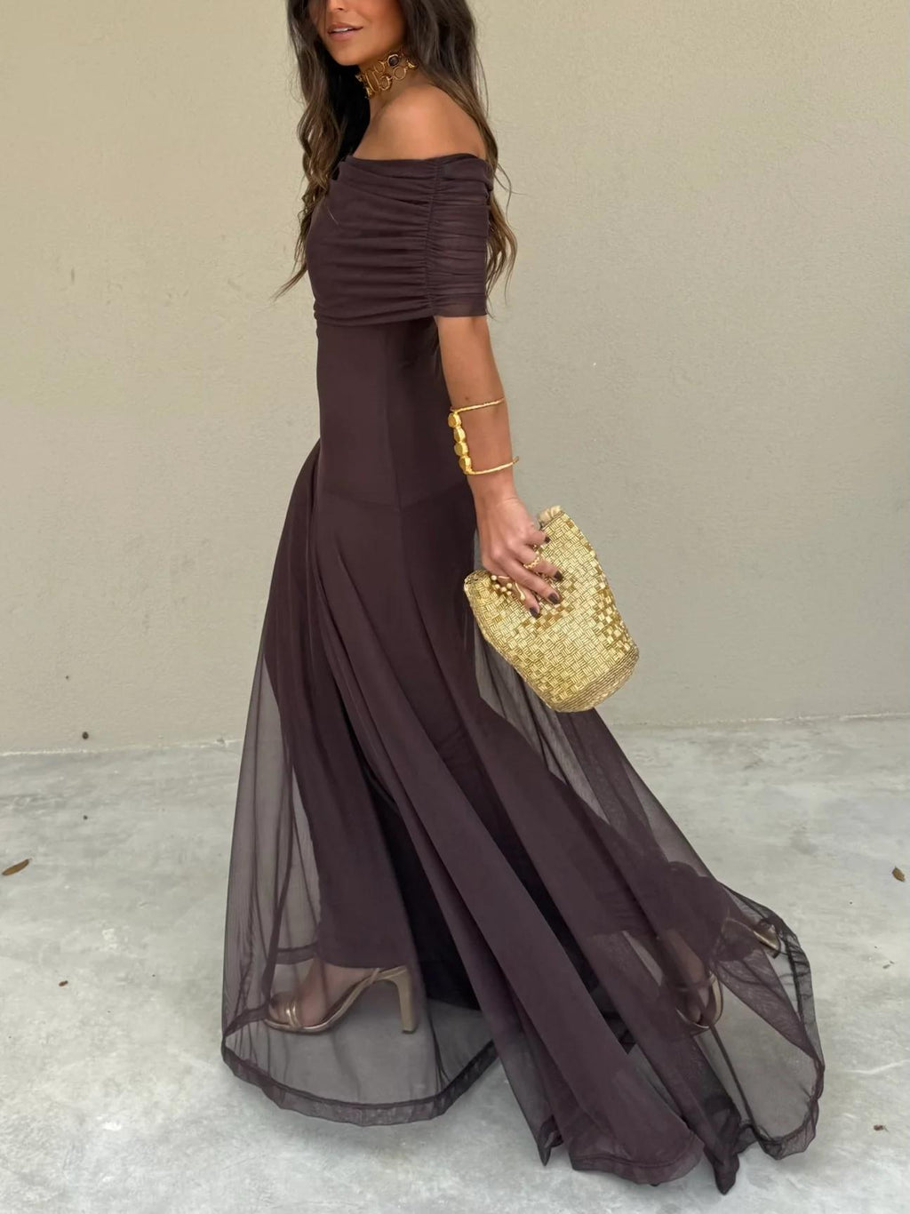 Triton | Women’s Off-Shoulder Chiffon Maxi Dress – Chic Flowing Tier & Refined Ethereal Silhouette