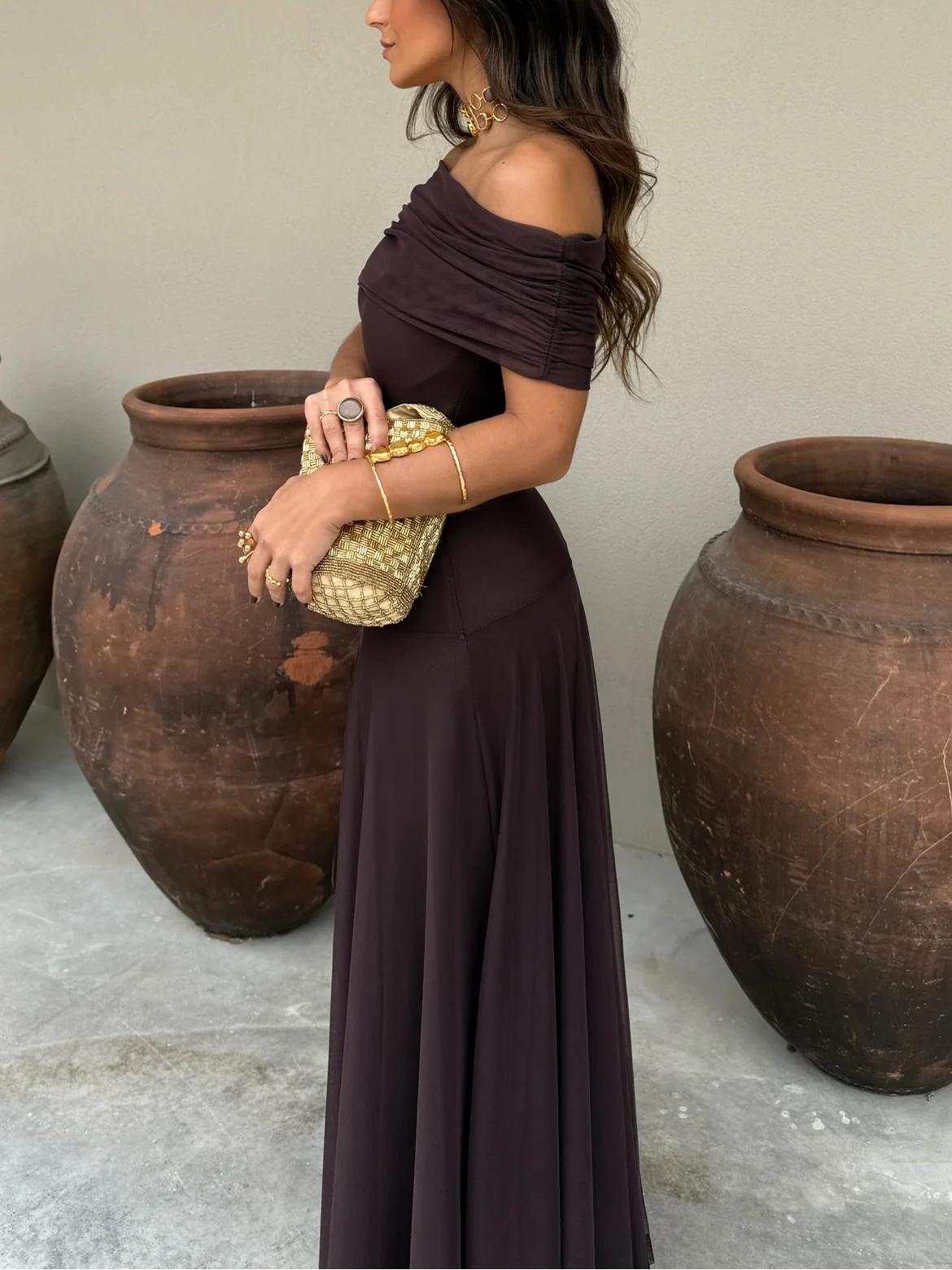 Triton | Women’s Off-Shoulder Chiffon Maxi Dress – Chic Flowing Tier & Refined Ethereal Silhouette
