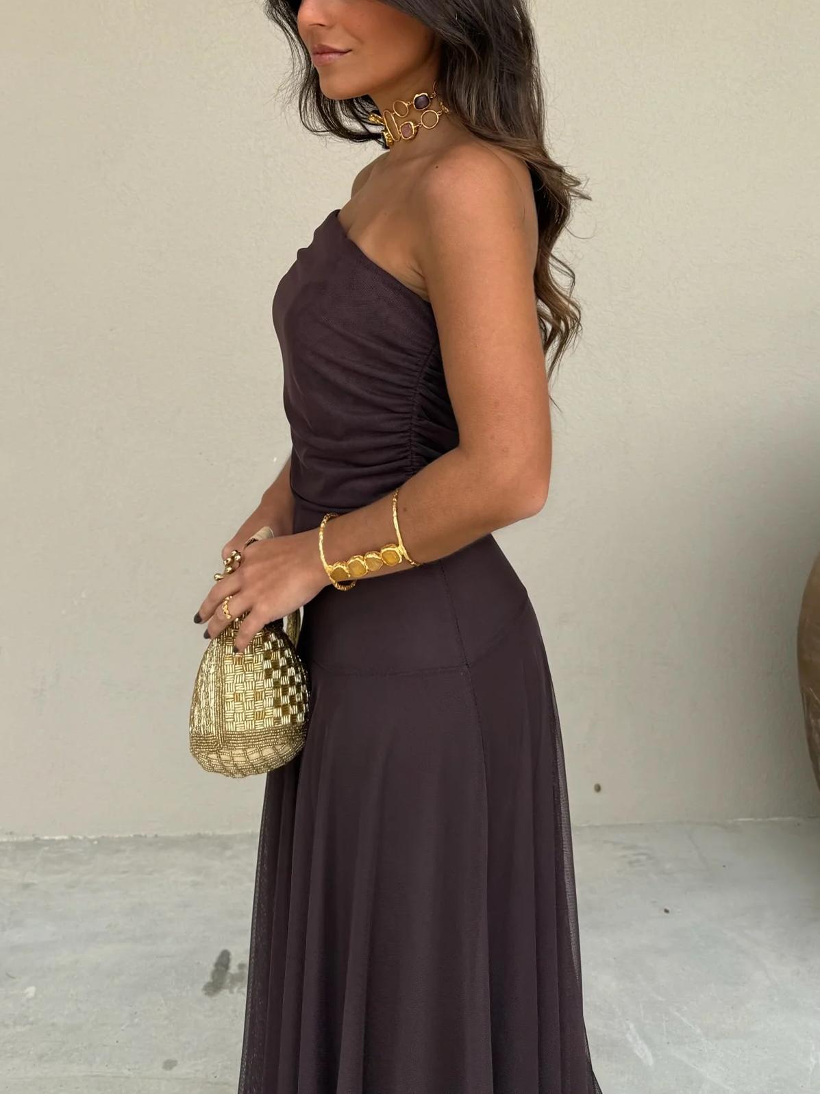 Triton | Women’s Off-Shoulder Chiffon Maxi Dress – Chic Flowing Tier & Refined Ethereal Silhouette