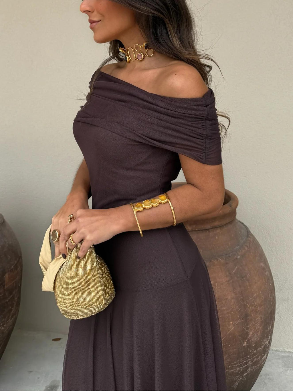 Triton | Women’s Off-Shoulder Chiffon Maxi Dress – Chic Flowing Tier & Refined Ethereal Silhouette
