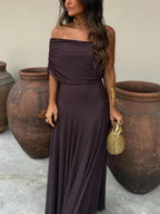 Triton | Women’s Off-Shoulder Chiffon Maxi Dress – Chic Flowing Tier & Refined Ethereal Silhouette