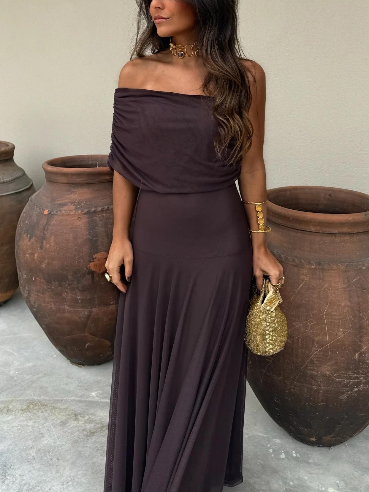Triton | Women’s Off-Shoulder Chiffon Maxi Dress – Chic Flowing Tier & Refined Ethereal Silhouette