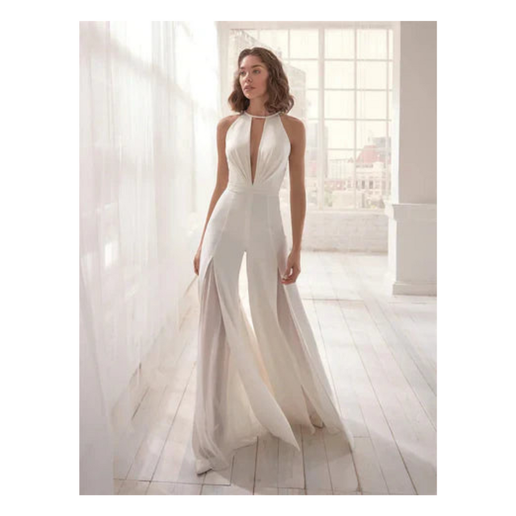 Women’s Modern Jumpsuit – Sculpted V-Neckline, Cinch-Waist Tailoring & Devotional Glamour white