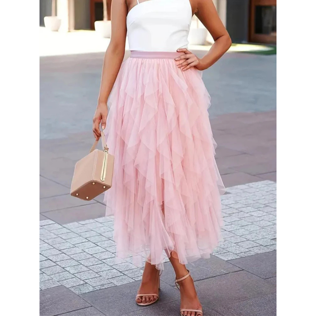 Pamelo | Modern High Waisted Skirt with Ruffles for Women - Stylish pink
