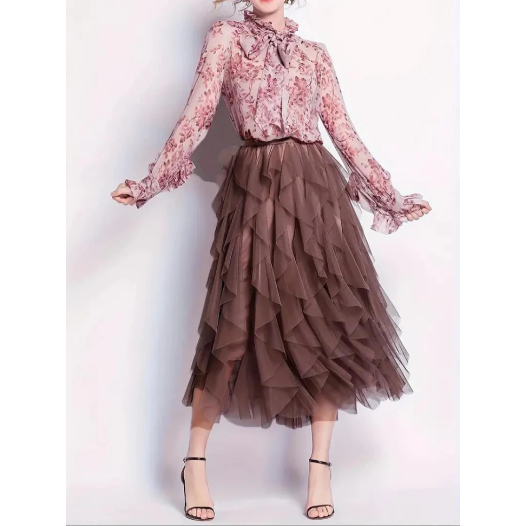 Pamelo | Modern High Waisted Skirt with Ruffles for Women - Stylish brown