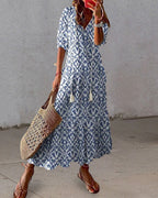 Women’s Patterned Maxi Dress – Motif, Fluid Silhouette & Artisanal Sophistication blue