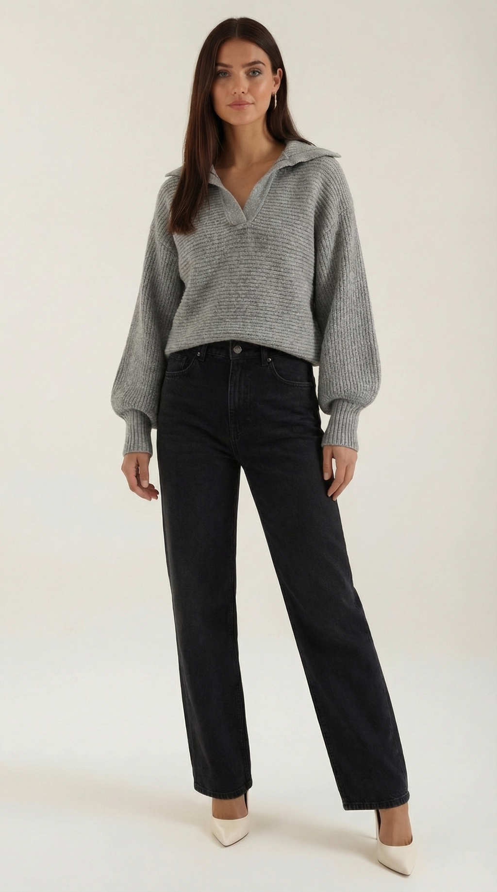 Women's Collared Chunky Knit Sweater – Cozy Oversized Fit & Retro Polo Style Gray