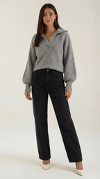 Women's Collared Chunky Knit Sweater – Cozy Oversized Fit & Retro Polo Style Gray
