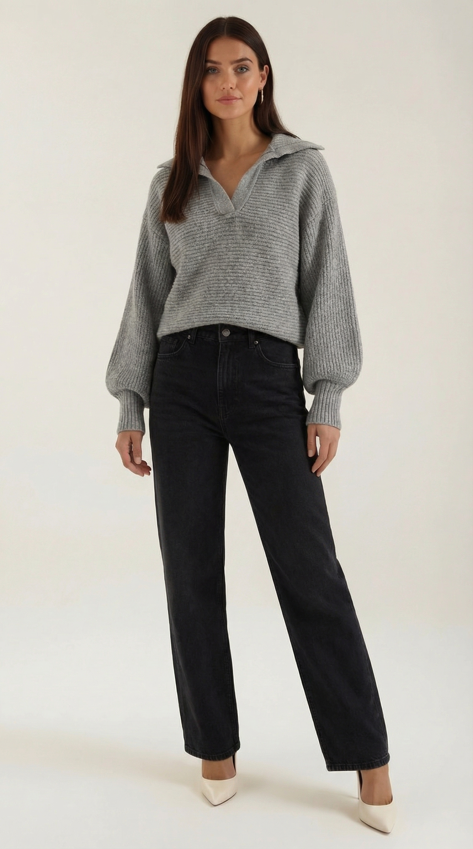 Women's Collared Chunky Knit Sweater – Cozy Oversized Fit & Retro Polo Style Gray