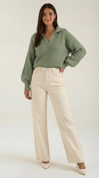 Women's Collared Chunky Knit Sweater – Cozy Oversized Fit & Retro Polo Style Green