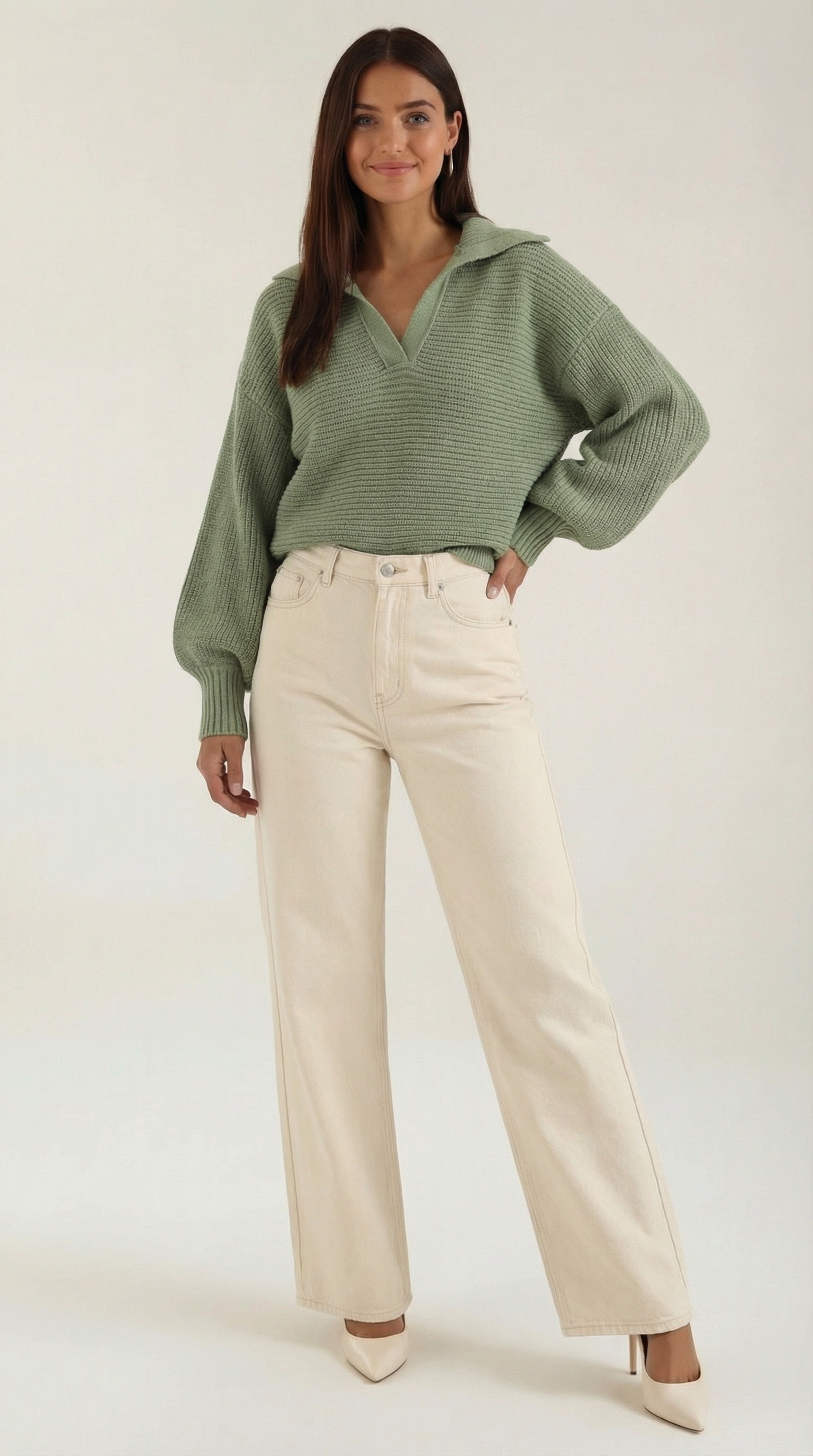 Women's Collared Chunky Knit Sweater – Cozy Oversized Fit & Retro Polo Style Green