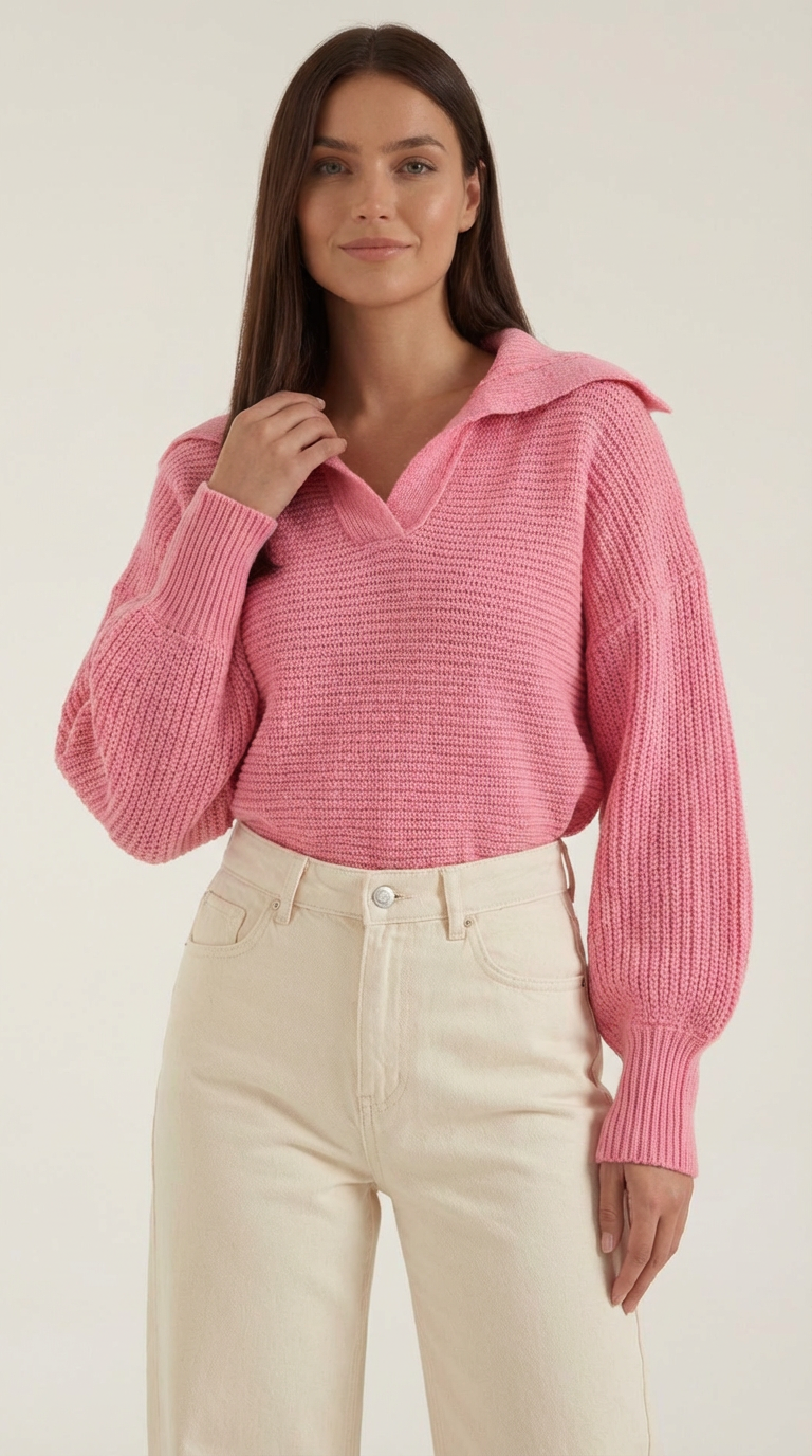 Women's Collared Chunky Knit Sweater – Cozy Oversized Fit & Retro Polo Style