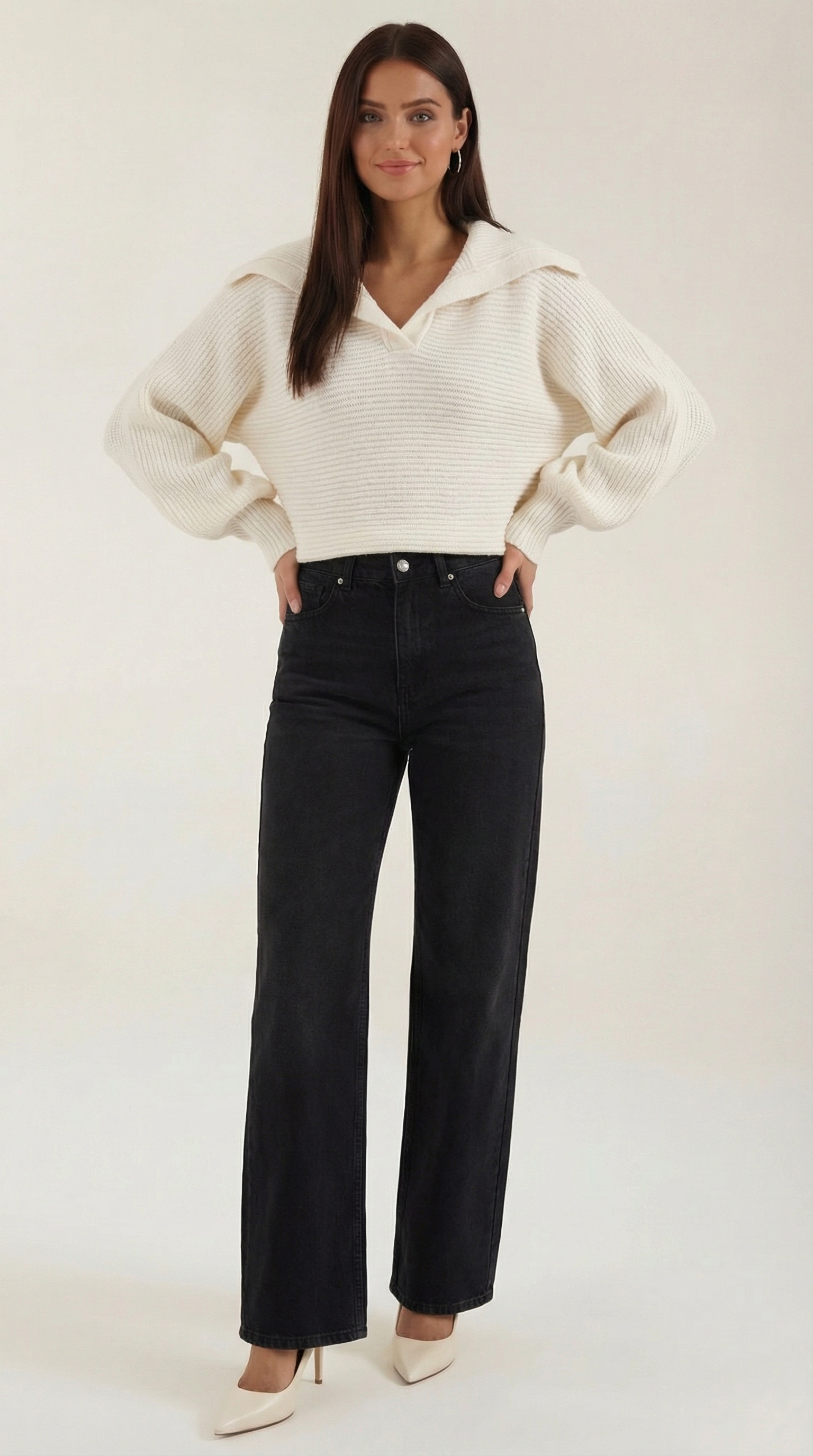 Women's Collared Chunky Knit Sweater – Cozy Oversized Fit & Retro Polo Style White