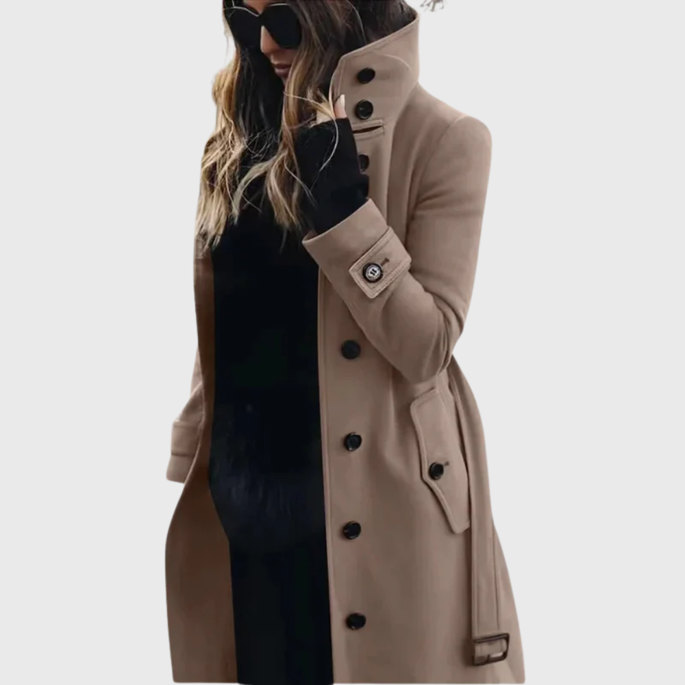 Tasana | Women’s Coat | Button Front High Stand Collar Beige