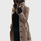 Tasana | Women’s Coat | Button Front High Stand Collar Beige